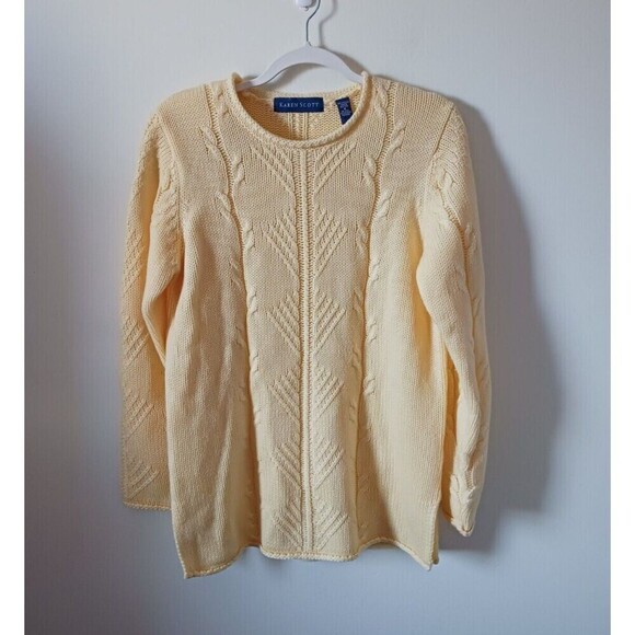 Karen Scott Pullover Sweater Cable Knit Long Sleeve Crew Neck Yellow Size M - Picture 1 of 6